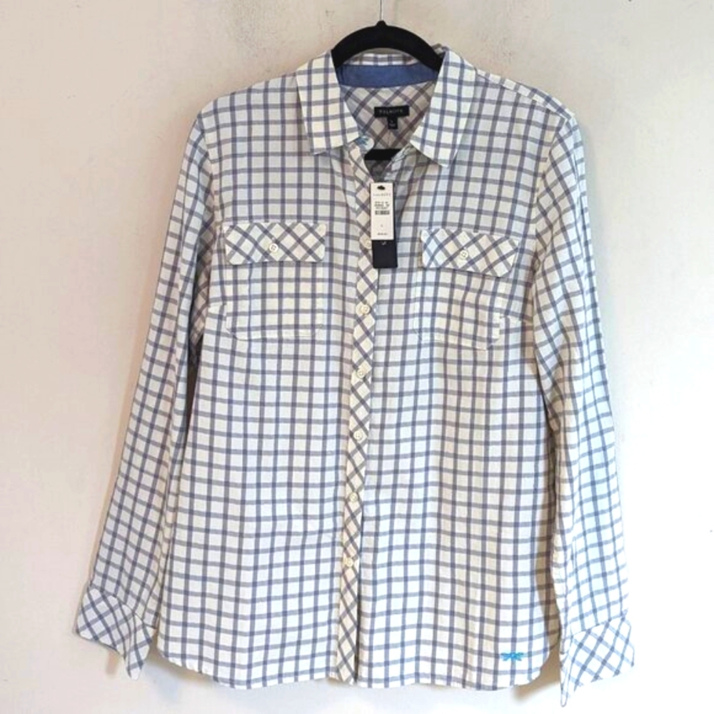 Talbots Button Down Checkered Roll Tab Sleeve Top L